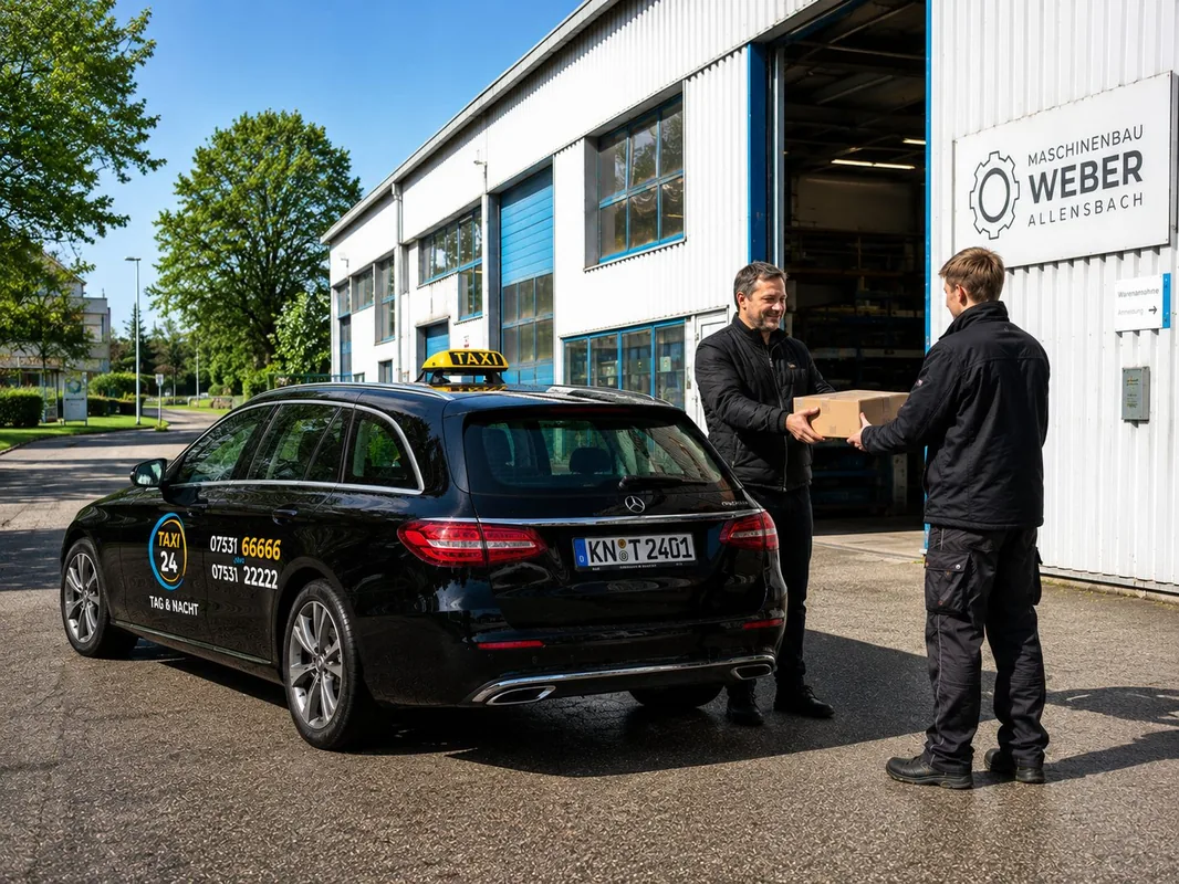 Taxi24-Kurier &uuml;bergibt ein Paket bei einem Betrieb in Allensbach &ndash; Warenkurier Konstanz